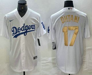 Men's Los Angeles Dodgers #17 Shohei Ohtani White Gold Stitched Cool Base Nike Jerseys