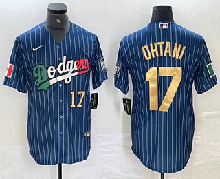 Men's Los Angeles Dodgers #17 Shohei Ohtani Number Mexico Blue Gold Pinstripe Cool Base Stitched Jersey