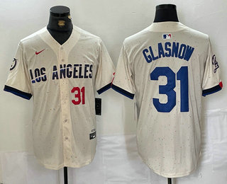 Men's Los Angeles Dodgers #31 Tyler Glasnow Number Cream Blue 2024 City Connect Limited Stitched Jersey