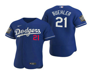 Men's Los Angeles Dodgers #21 Walker Buehler Royal 2020 World Series Authentic Flex Nike Jersey