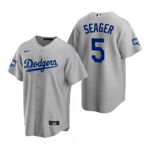 Men’s Los Angeles Dodgers #5 Corey Seager Gray 2020 World Series Champions Replica Jersey