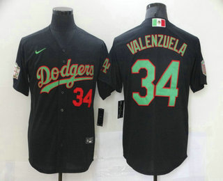 Men's Los Angeles Dodgers #34 Fernando Valenzuela Black Green Mexico 2020 World Series Stitched MLB Jersey