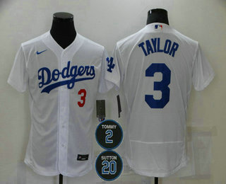 Men's Los Angeles Dodgers #3 Chris Taylor White#2 #20 Patch Stitched MLB Flex Base Nike Jersey