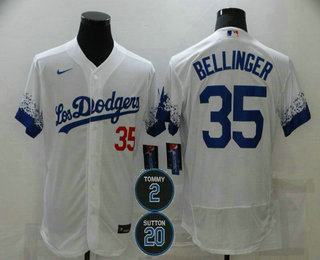 Men's Los Angeles Dodgers #35 Cody Bellinger White #2 #20 Patch City Connect Flex Base Stitched Jersey