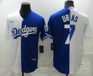 Men's Los Angeles Dodgers #7 Julio Urias White Blue Split Cool Base Stitched Baseball Jersey