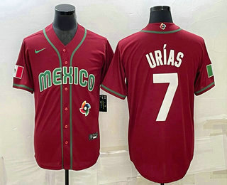 Men's Mexico Baseball #7 Julio Urias 2023 Red Blue World Baseball Classic Stitched Jersey