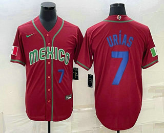 Men's Mexico Baseball #7 Julio Urias Number 2023 Red Blue World Baseball Classic Stitched Jersey