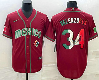 Men's Mexico Baseball #34 Fernando Valenzuela 2023 Red Blue World Baseball Classic Stitched Jersey1