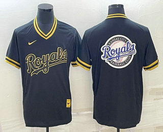 Men's Kansas City Royals Big Logo Black Gold Nike Cooperstown Legend V Neck Jersey