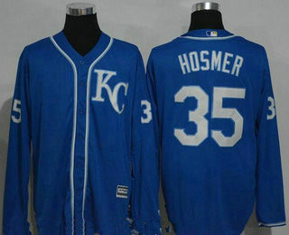 Men's Kansas City Royals #35 Eric Hosmer Navy Blue KC Long Sleeve Stitched MLB Majestic Cool Base Jersey