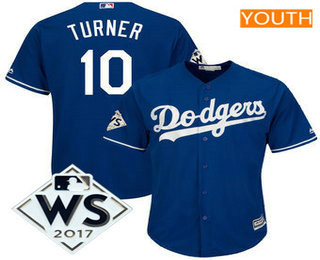 Youth Los Angeles Dodgers Justin Turner Majestic Royal 2017 World Series Patch Cool Base Player Jersey