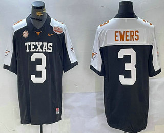 Men's Texas Longhorns #3 Quinn Ewers Black White 100TH FUSE College Stitched Jersey