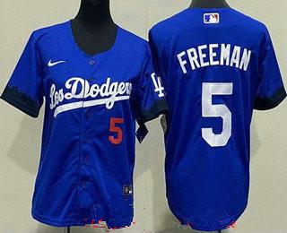 Youth Los Angeles Dodgers #5 Freddie Freeman Blue City Red Number Cool Base Jersey