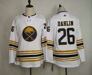 Women's Buffalo Sabres #26 Rasmus Dahlin White With Gold 50th Anniversary Adidas Stitched NHL Jersey